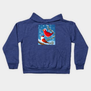 Christmas Funny Red Birds Closeup on a Snowy Branch Kids Hoodie